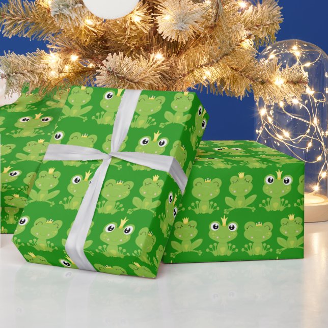 Cute Frogs Pattern on Dark Green Wrapping Paper (Holidays)