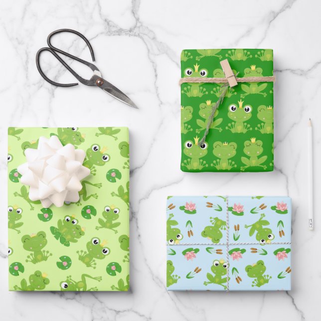 Cute Frogs Patterns Wrapping Paper Sheet (Front)