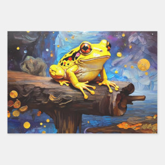 Cute frogs sitting on a pond on a sunny day wrapping paper sheet