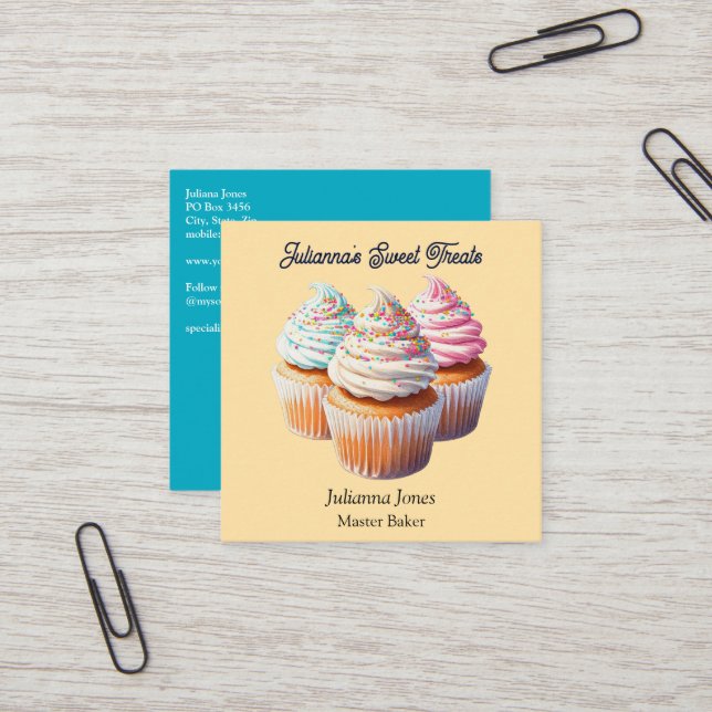Cute Frosted Cupcake Bakery Square Business Card (Front/Back In Situ)