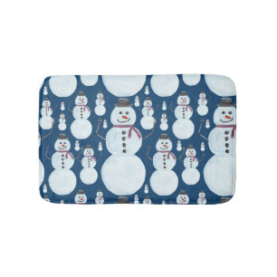 Cute Frosty Blue Snowman Watercolor Pattern Bath Mat