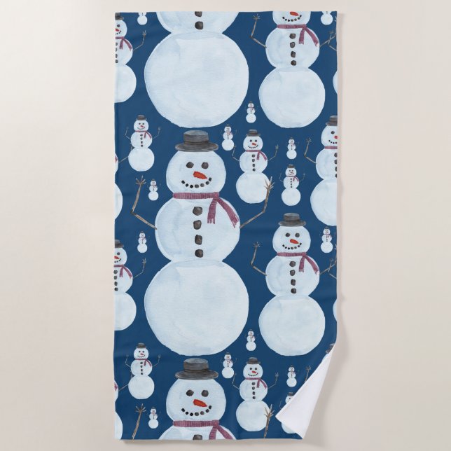 Cute Frosty Blue Snowman Watercolor Pattern Beach Towel (Front)