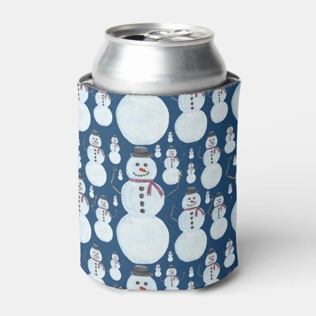 Cute Frosty Blue Snowman Watercolor Pattern Can Cooler (Can Front)