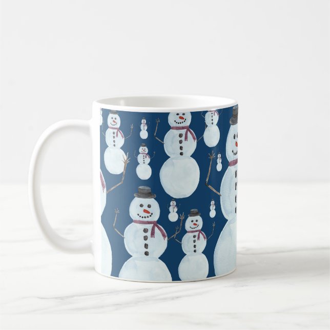 Cute Frosty Blue Snowman Watercolor Pattern Coffee Mug (Left)