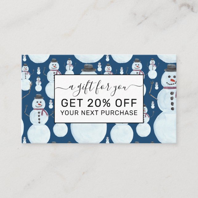 Cute Frosty Blue Snowman Watercolor Pattern Discount Card (Front)