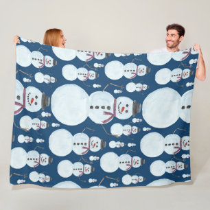 Cute Frosty Blue Snowman Watercolor Pattern Fleece Blanket