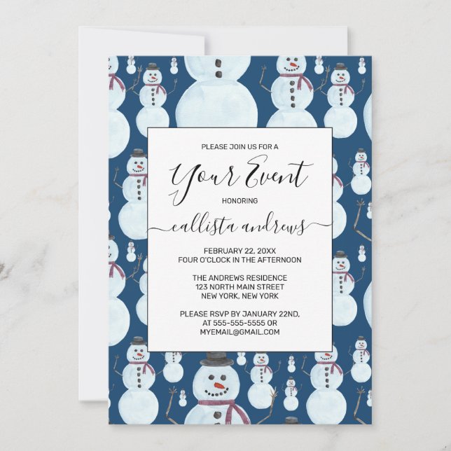 Cute Frosty Blue Snowman Watercolor Pattern Invitation (Front)