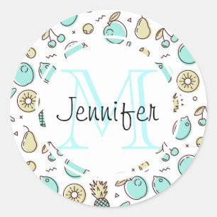 Cute Fruit Pattern Summery Line Drawing Monogram Classic Round Sticker