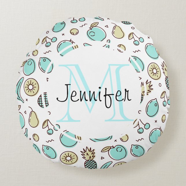 Cute Fruit Pattern Summery Line Drawing Monogram Round Pillow (Front)