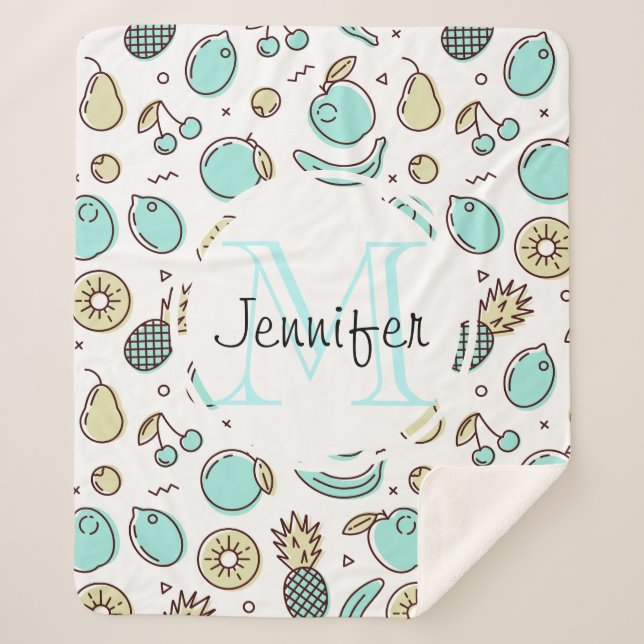 Cute Fruit Pattern Summery Line Drawing Monogram Sherpa Blanket (Front)