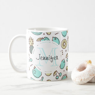 Cute Fruit Pattern Summery Themed Monogram Coffee Mug