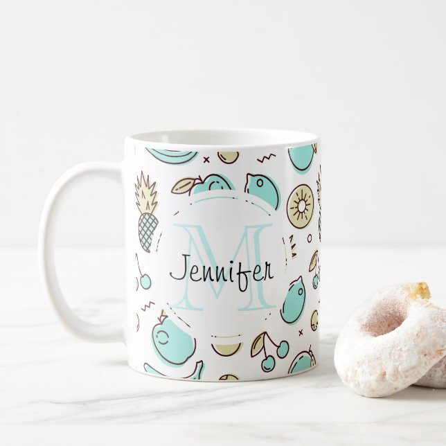 Cute Fruit Pattern Summery Themed Monogram Coffee Mug (With Donut)