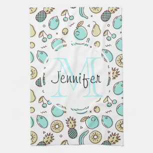 Cute Fruit Pattern Summery Themed Monogram Kitchen Towel