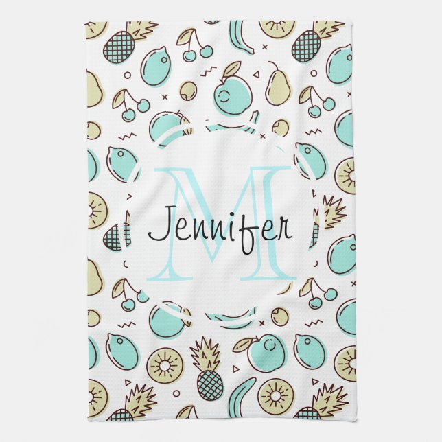 Cute Fruit Pattern Summery Themed Monogram Kitchen Towel (Vertical)
