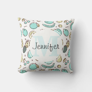 Cute Fruit Pattern Summery Themed Monogram Throw Pillow