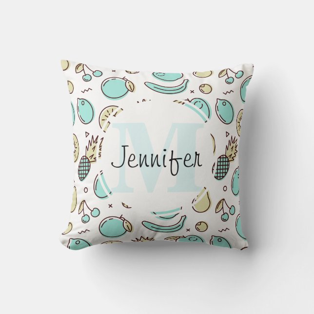 Cute Fruit Pattern Summery Themed Monogram Throw Pillow (Front)