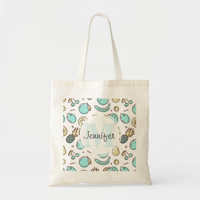 Cute Fruit Pattern Summery Themed Monogram Tote Bag (Front)