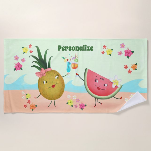Cute Fruit Pineapple and Watermelon Personalized Beach Towel (Front)