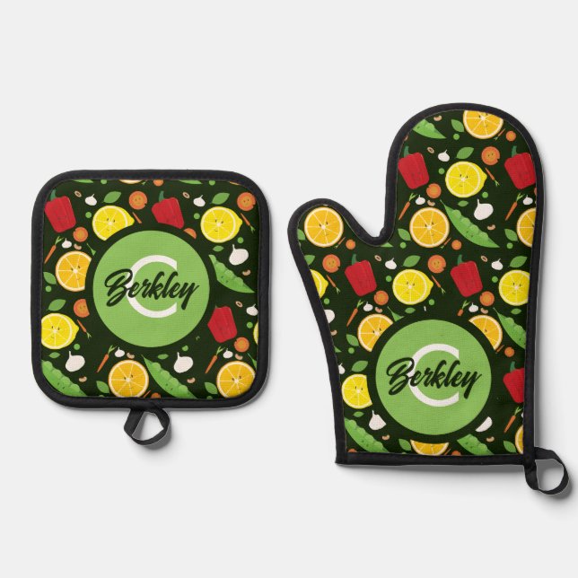  Cute Fruit Vegetable Monogram Food  Oven Mitt & Pot Holder Set (Front)