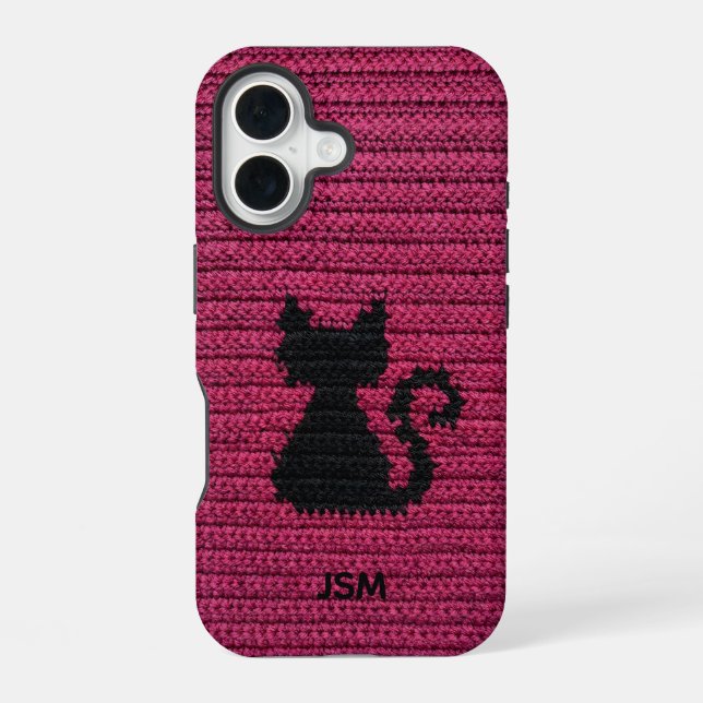 Cute Fuchsia Crochet Cat Custom Initial Monogram   iPhone 16 Case (Back)
