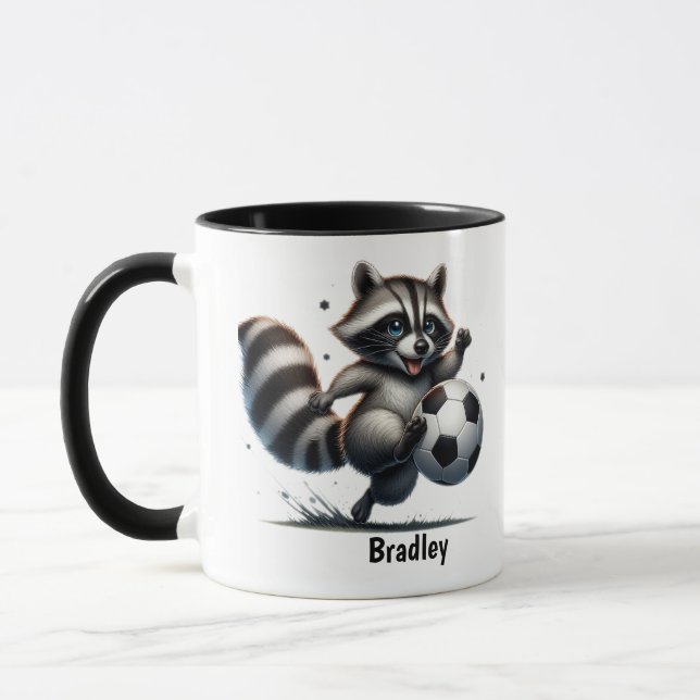 Cute Fun Animal Humour Raccoon Playing Soccer Mug (Left)