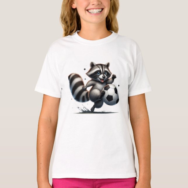 Cute Fun Animal Humour Raccoon Playing Soccer T-Shirt (Front)