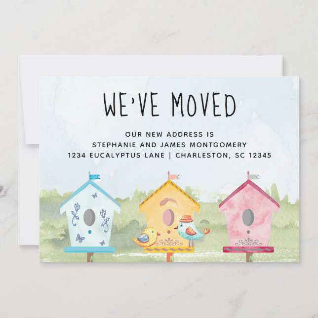Cute Fun Bird Houses Moving Announcement Card (Front)