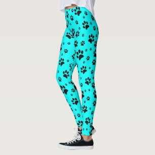 Cute Fun Black on Bright Teal Cyan Paw Prints Leggings