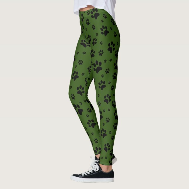 Cute Fun Black on Green Paw Prints Leggings (Left)