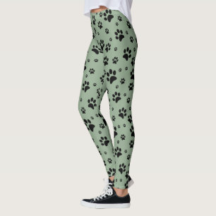 Cute Fun Black on Sage Green Paw Prints Leggings