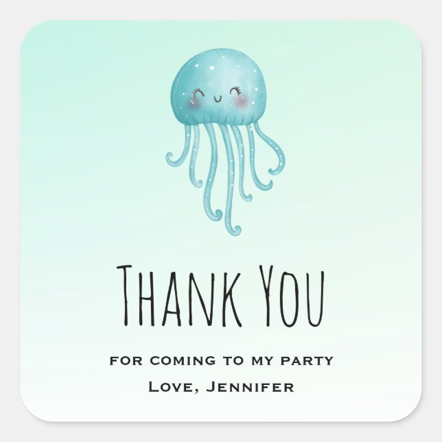 Cute Fun Blue-Green Jellyfish Party Thank You Square Sticker (Front)