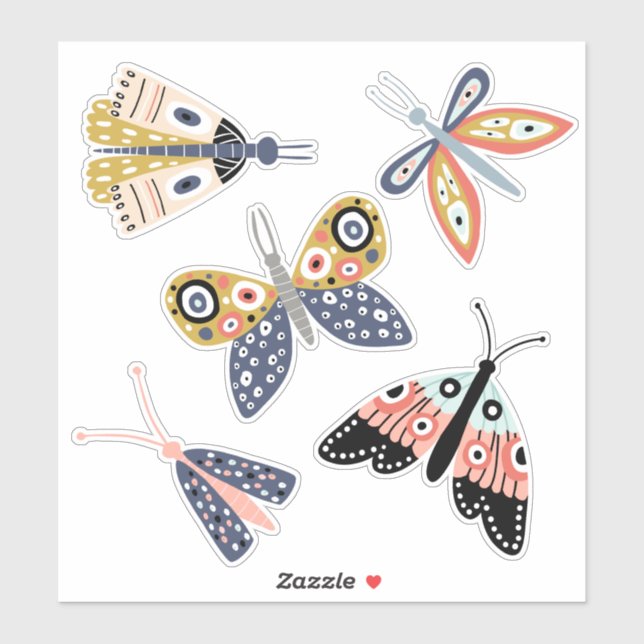 Cute fun blue pink butterfly moth five separate (Sheet)