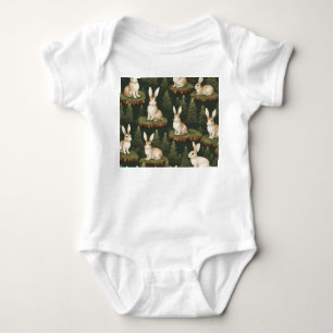 Cute Fun Bunnies On Evergreen Background Baby Bodysuit