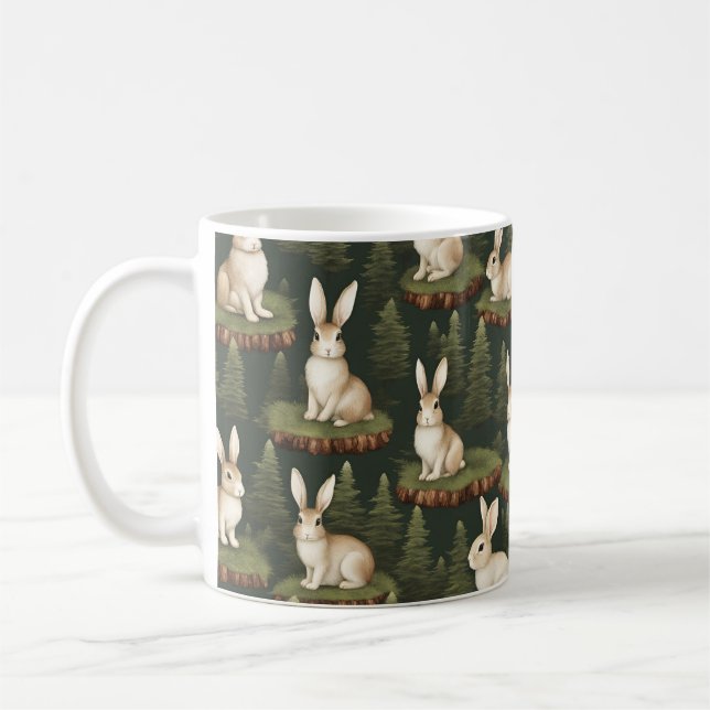 Cute Fun Bunnies On Evergreen Background Coffee Mug (Left)