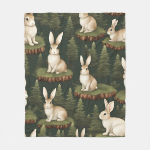 Cute Fun Bunnies On Evergreen Background Fleece Blanket