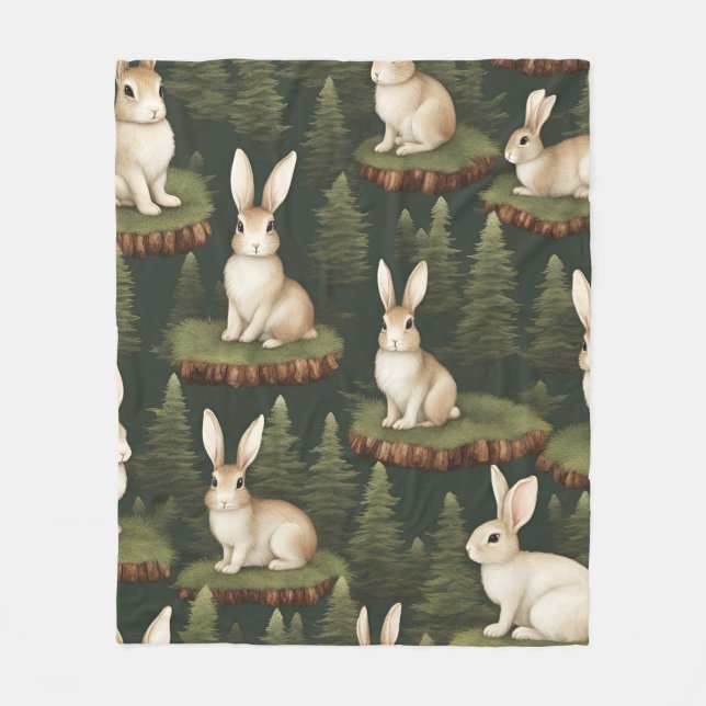 Cute Fun Bunnies On Evergreen Background Fleece Blanket (Front)