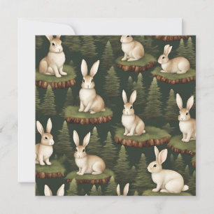 Cute Fun Bunnies On Evergreen Background Holiday Card