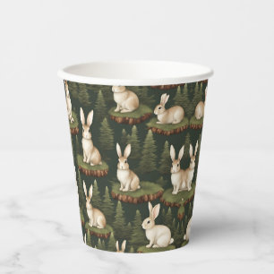 Cute Fun Bunnies On Evergreen Background Paper Cups