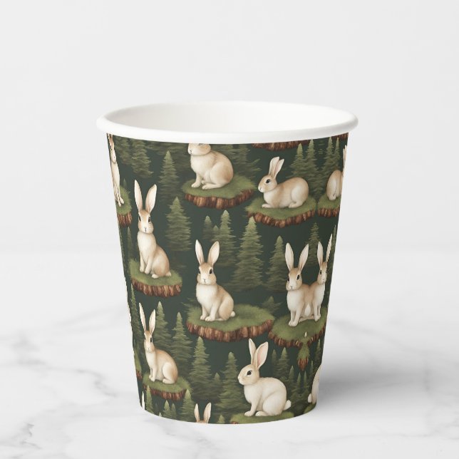 Cute Fun Bunnies On Evergreen Background Paper Cups (Front)