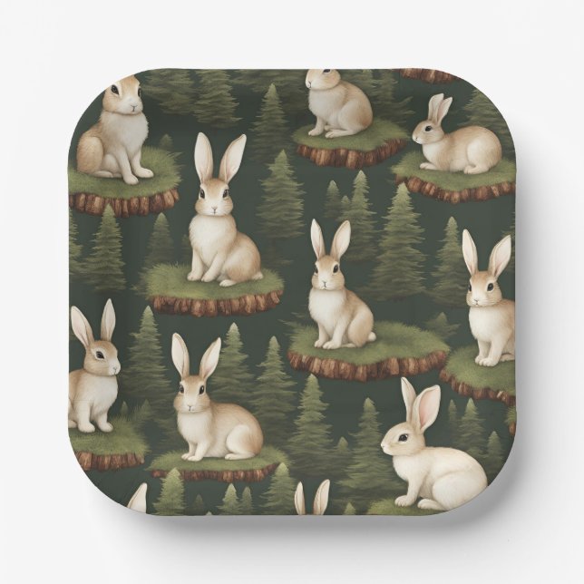 Cute Fun Bunnies On Evergreen Background Paper Plate (Front)