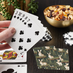 Cute Fun Bunnies On Evergreen Background Playing Cards