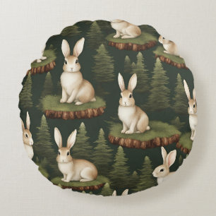 Cute Fun Bunnies On Evergreen Background Round Pillow