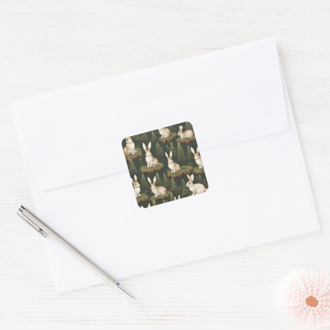 Cute Fun Bunnies On Evergreen Background Square Sticker (Envelope)
