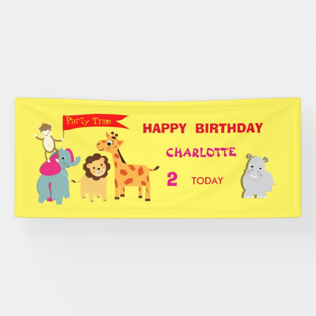 Cute Fun Cartoon Jungle Animals Personalized Banner (Horizontal)
