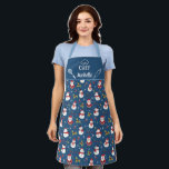Cute fun cartoon snowman Santa Claus Christmas Apron<br><div class="desc">Cute blue family matching apron featuring a fun pattern with lovely cartoon snowmen with red and scarfs and red and black hats, and adorable little Santa Clauses, decorated with snowflakes, green and red holly leaves, and red and white candy canes. The caption on the upper part, decorated with a stylized...</div>