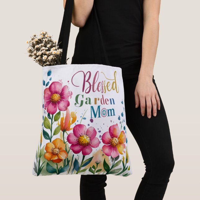 Cute fun Colourful flowers Blessed Garden Mom Tote Bag (Close Up)