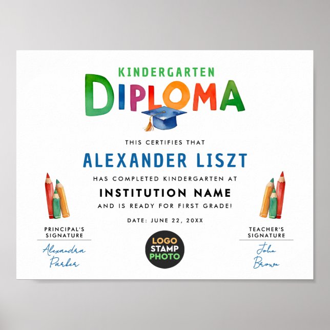Cute Fun Colourful Kids Graduation Diploma Logo Poster (Front)