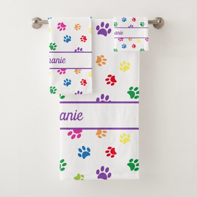 Cute Fun Colourful Paw Prints Personalized Bath Towel Set (Insitu)