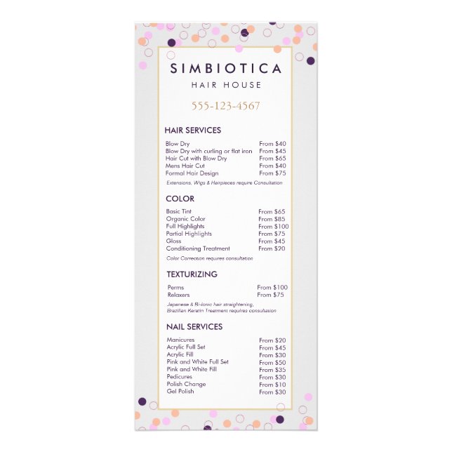 Cute Fun Confetti Salon Price List Service Menu (Front)