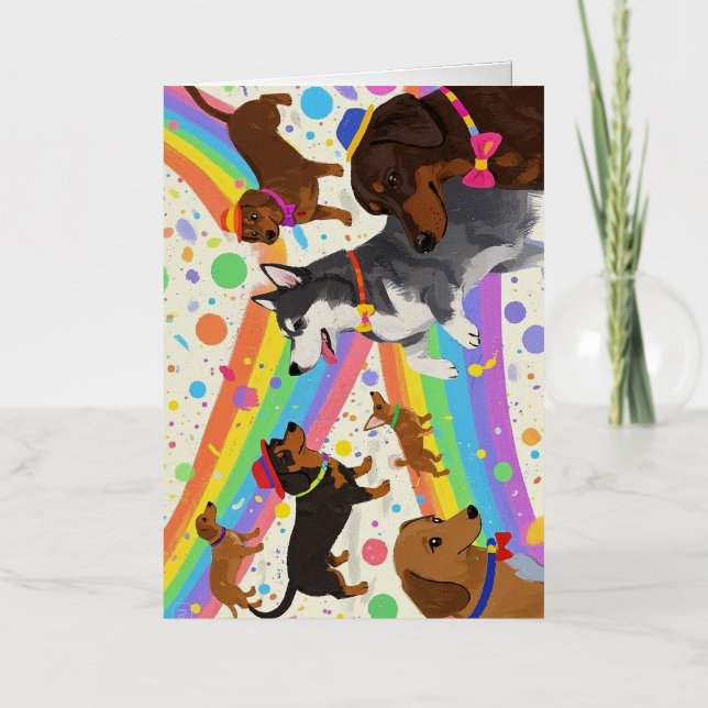 Cute fun dogs with rainbow  foil greeting card (Front)